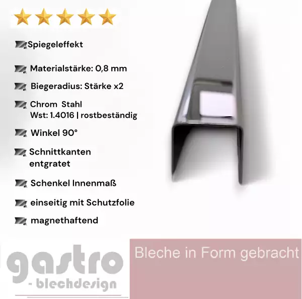 Edelstahl U-Profil, ferromagnetisch, glanz geglüht, Spiegeleffekt, 0,8mm stark, Legierung 1.4016